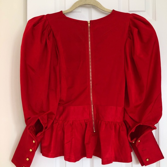 Red Fashion Nova Peplum top with Puff Sleeves - Picture 3 of 8